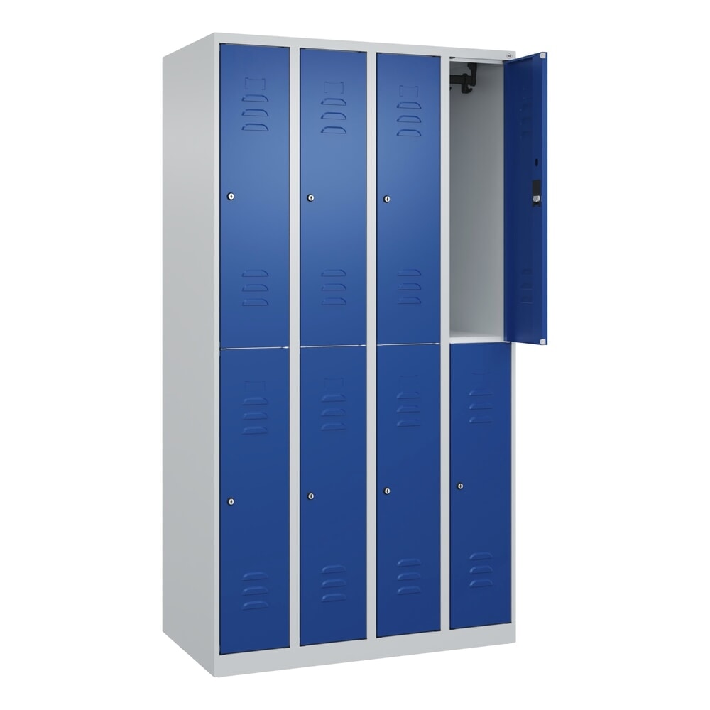 Produktabbildung: C+P Doppelstock-Spind Classic PLUS, 4 Abteile, HxBxT 1.850 x 1.000 x 500 mm, lichtgrau, enzianblau, Zylinderschloss, 8 Fächer