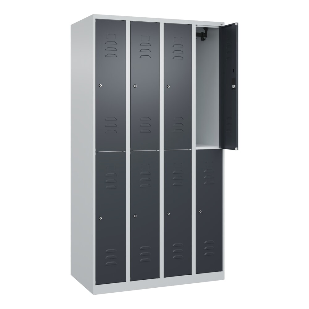 C+P Doppelstock-Spind Classic PLUS, 4 Abteile, HxBxT 1.850 x 1.000 x 500 mm, lichtgrau, anthrazitgrau, Zylinderschloss, 8 Fächer Produktabbildung: C+P Doppelstock-Spind Classic PLUS, 4 Abteile, HxBxT 1.850 x 1.000 x 500 mm, lichtgrau, anthrazitgrau, Zylinderschloss, 8 Fächer