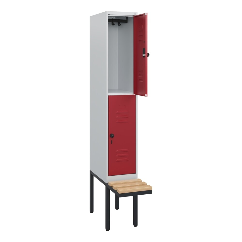 C+P Doppelstock-Spind Classic PLUS, 1 Abteil, HxBxT 1.950 x 300 x 815 mm, für Vorhängeschloss, auskragende Bank aus Buche, lichtgrau, rubinrot Produktabbildung: C+P Doppelstock-Spind Classic PLUS, 1 Abteil, HxBxT 1.950 x 300 x 815 mm, für Vorhängeschloss, auskragende Bank aus Buche, lichtgrau, rubinrot