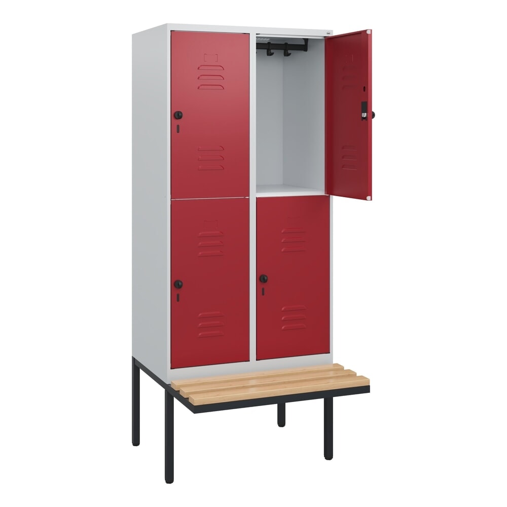 C+P Doppelstock-Spind Classic PLUS, 2 Abteile, HxBxT 1.950 x 800 x 815 mm, für Vorhängeschloss, auskragende Bank aus Buche, lichtgrau, rubinrot Produktabbildung Nr. 1: C+P Doppelstock-Spind Classic PLUS, 2 Abteile, HxBxT 1.950 x 800 x 815 mm, für Vorhängeschloss, auskragende Bank aus Buche, lichtgrau, rubinrot