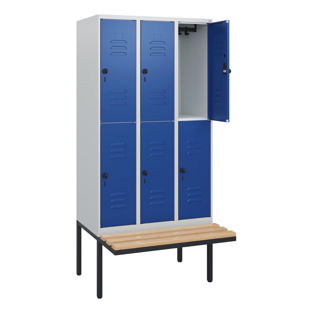 C+P Doppelstock-Spind Classic PLUS, 3 Abteile, HxBxT 1.950 x 900 x 815 mm, für Vorhängeschloss, auskragende Bank aus Buche, lichtgrau, enzianblau Produktabbildung Nr. 1: C+P Doppelstock-Spind Classic PLUS, 3 Abteile, HxBxT 1.950 x 900 x 815 mm, für Vorhängeschloss, auskragende Bank aus Buche, lichtgrau, enzianblau