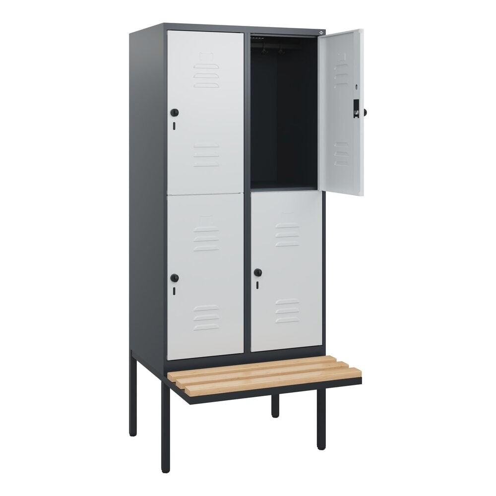 C+P Doppelstock-Spind Classic PLUS, 2 Abteile, HxBxT 1.950 x 800 x 815 mm, für Vorhängeschloss, auskragende Bank aus Buche, anthrazitgrau, lichtgrau Produktabbildung Nr. 1: C+P Doppelstock-Spind Classic PLUS, 2 Abteile, HxBxT 1.950 x 800 x 815 mm, für Vorhängeschloss, auskragende Bank aus Buche, anthrazitgrau, lichtgrau