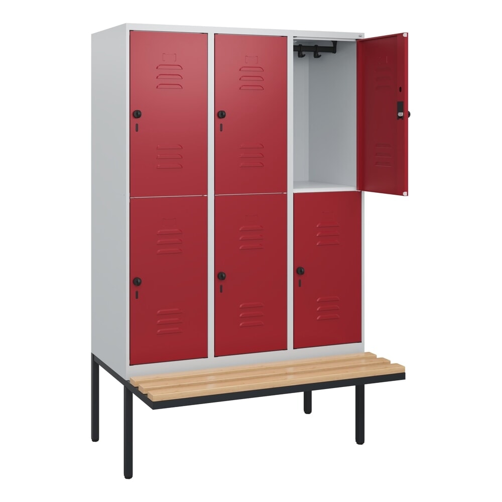 C+P Doppelstock-Spind Classic PLUS, 3 Abteile, HxBxT 1.950 x 1.200 x 815 mm, für Vorhängeschloss, auskragende Bank aus Buche, lichtgrau, rubinrot Produktabbildung Nr. 1: C+P Doppelstock-Spind Classic PLUS, 3 Abteile, HxBxT 1.950 x 1.200 x 815 mm, für Vorhängeschloss, auskragende Bank aus Buche, lichtgrau, rubinrot
