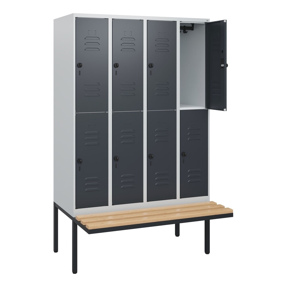 Illustration du produit: C+P Doppelstock-Spind Classic PLUS, 4 Abteile, HxBxT 1.950 x 1.200 x 815 mm, für Vorhängeschloss, auskragende Bank aus Buche, lichtgrau, anthrazitgrau