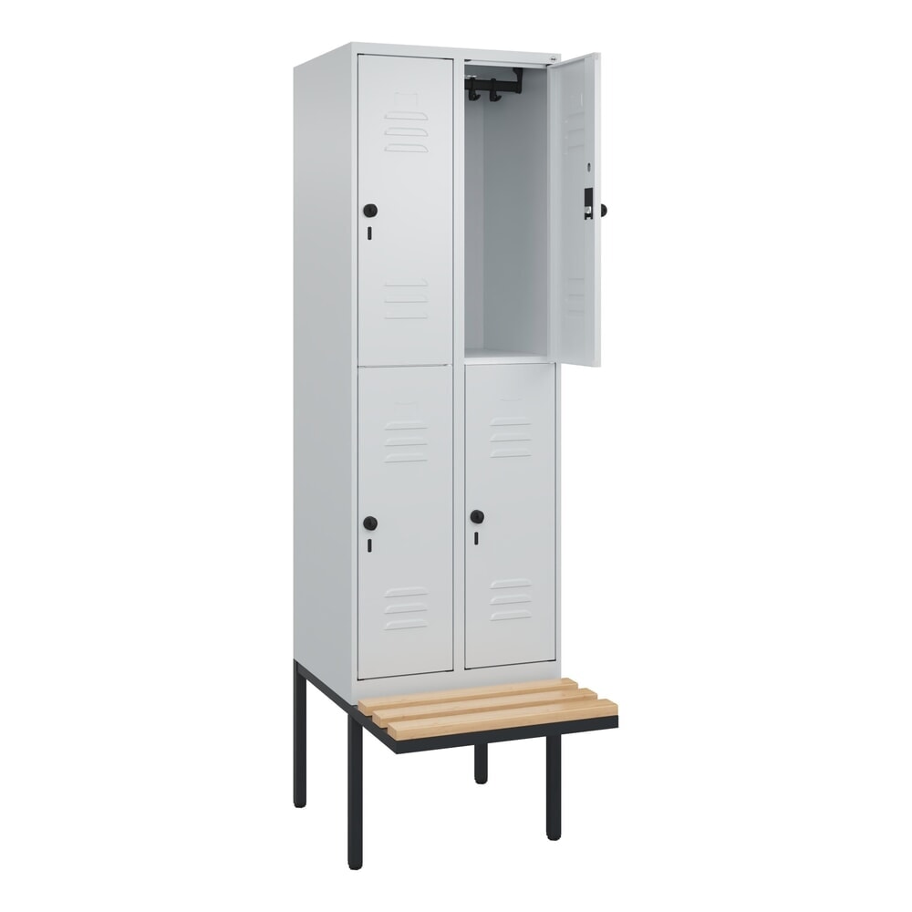 Produktabbildung: C+P Doppelstock-Spind Classic PLUS, 2 Abteile, HxBxT 2.120 x 600 x 815 mm, für Vorhängeschloss, auskragende Bank aus Buche, lichtgrau, lichtgrau