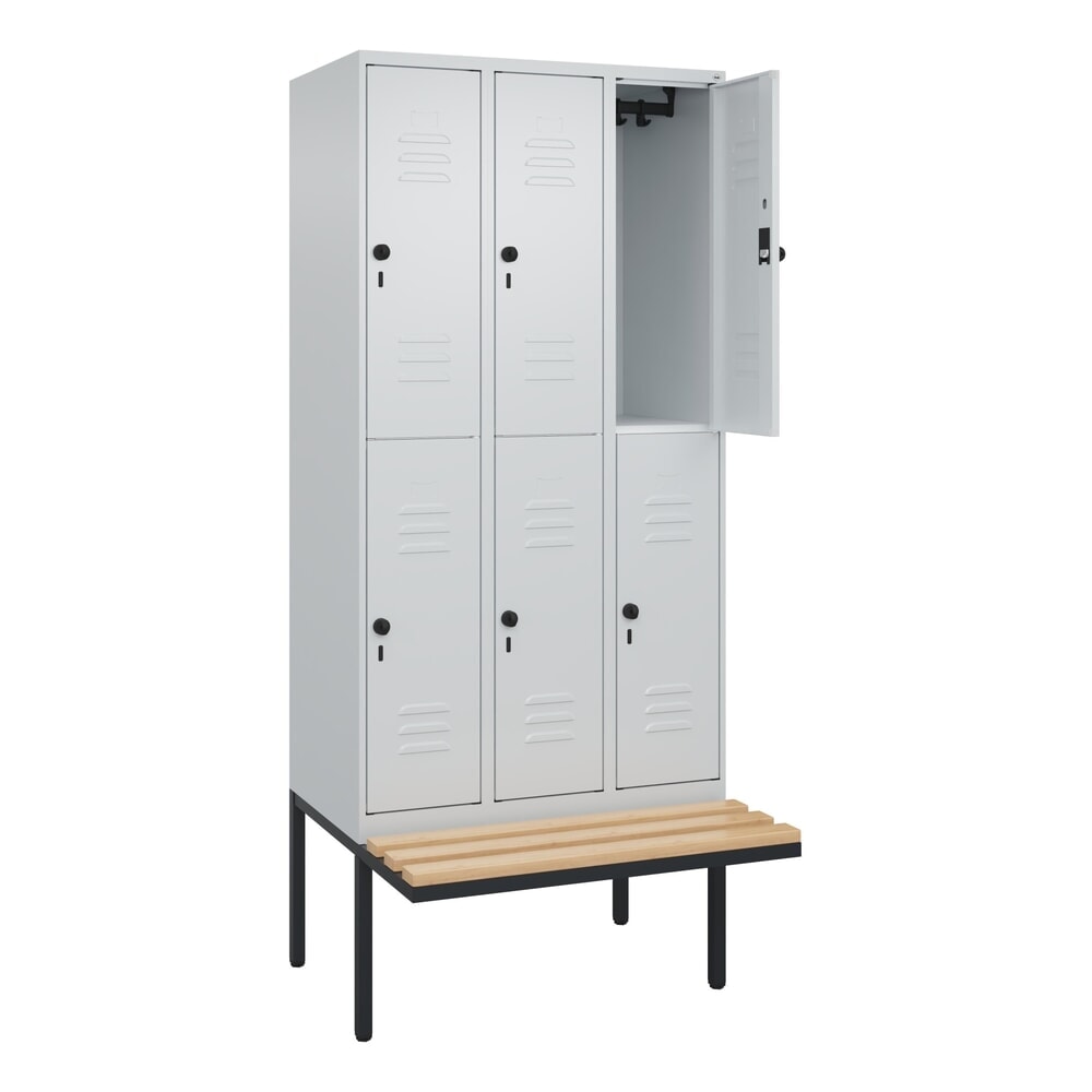 Produktabbildung: C+P Doppelstock-Spind Classic PLUS, 3 Abteile, HxBxT 2.120 x 900 x 815 mm, für Vorhängeschloss, auskragende Bank aus Buche, lichtgrau, lichtgrau