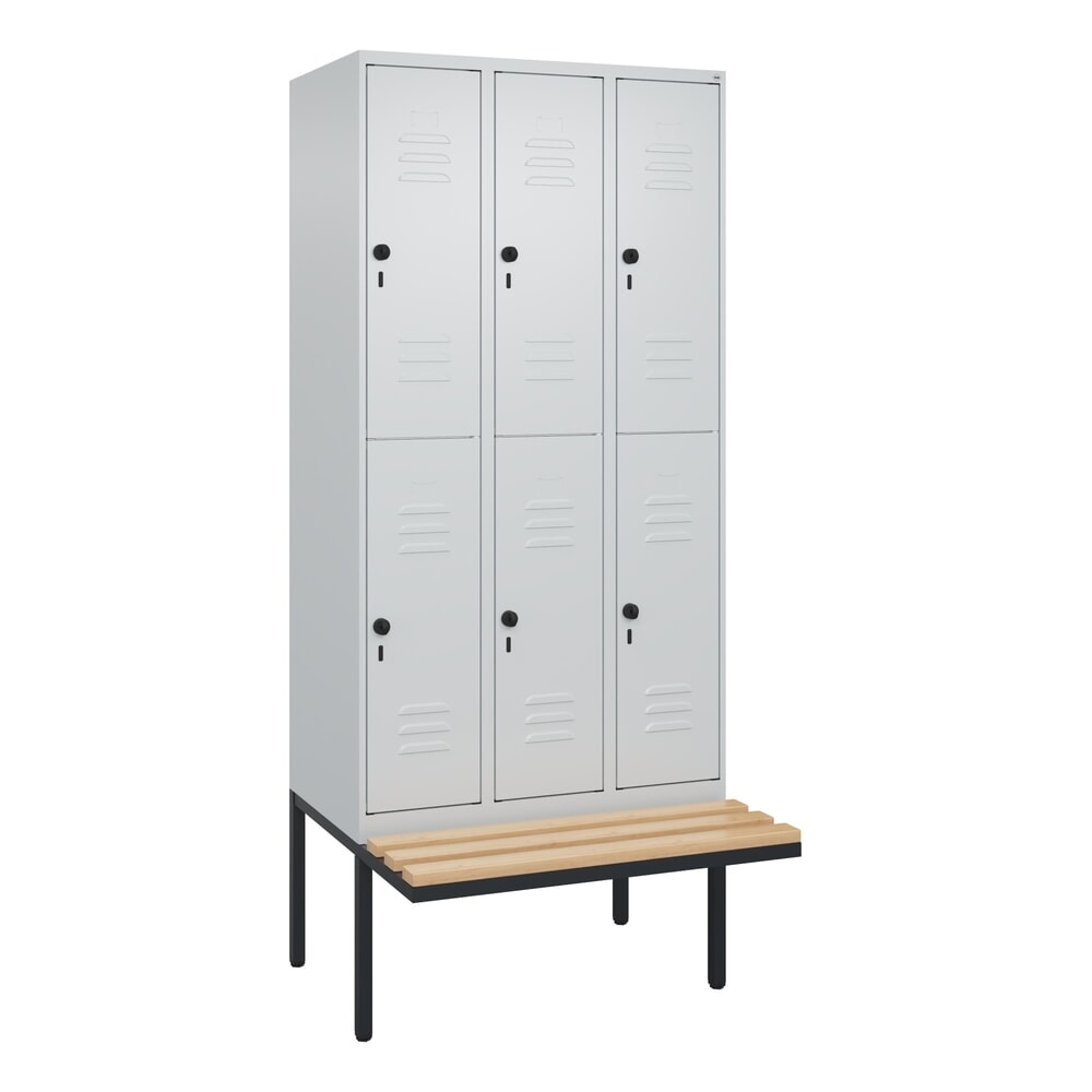 Produktabbildung Nr. 9: C+P Doppelstock-Spind Classic PLUS, 3 Abteile, HxBxT 2.120 x 900 x 815 mm, für Vorhängeschloss, auskragende Bank aus Buche, lichtgrau, lichtgrau