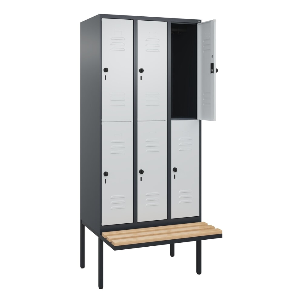 Produktabbildung: C+P Doppelstock-Spind Classic PLUS, 3 Abteile, HxBxT 2.120 x 900 x 815 mm, für Vorhängeschloss, auskragende Bank aus Buche, anthrazitgrau, lichtgrau