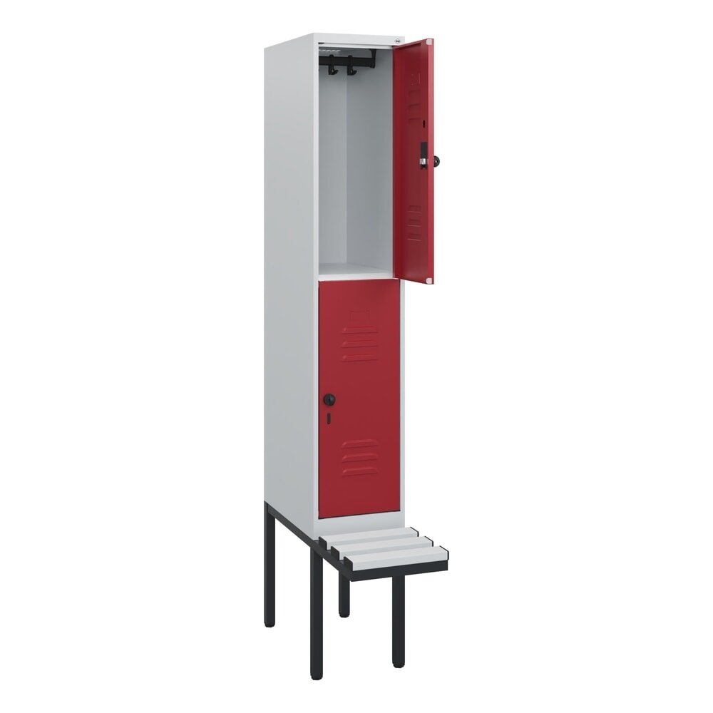 Produktabbildung: C+P Doppelstock-Spind Classic PLUS, 1 Abteil, HxBxT 1.950 x 300 x 815 mm, für Vorhängeschloss, auskragende Bank aus Kunststoff, lichtgrau, rubinrot