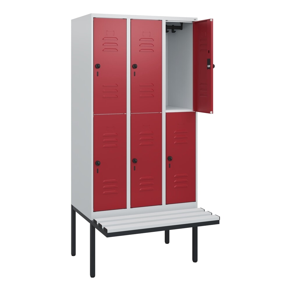 C+P Doppelstock-Spind Classic PLUS, 3 Abteile, HxBxT 1.950 x 900 x 815 mm, für Vorhängeschloss, auskragende Bank aus Kunststoff, lichtgrau, rubinrot Produktabbildung Nr. 1: C+P Doppelstock-Spind Classic PLUS, 3 Abteile, HxBxT 1.950 x 900 x 815 mm, für Vorhängeschloss, auskragende Bank aus Kunststoff, lichtgrau, rubinrot