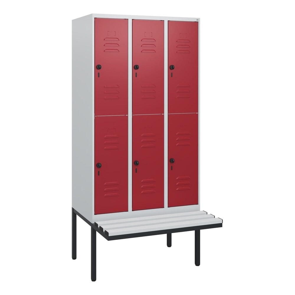 C+P Doppelstock-Spind Classic PLUS, 3 Abteile, HxBxT 1.950 x 900 x 815 mm, für Vorhängeschloss, auskragende Bank aus Kunststoff, lichtgrau, rubinrot Produktabbildung Nr. 9: C+P Doppelstock-Spind Classic PLUS, 3 Abteile, HxBxT 1.950 x 900 x 815 mm, für Vorhängeschloss, auskragende Bank aus Kunststoff, lichtgrau, rubinrot