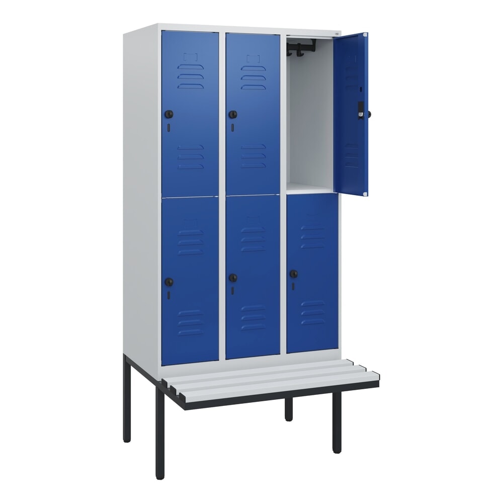 C+P Doppelstock-Spind Classic PLUS, 3 Abteile, HxBxT 1.950 x 900 x 815 mm, für Vorhängeschloss, auskragende Bank aus Kunststoff, lichtgrau, enzianblau Produktabbildung Nr. 1: C+P Doppelstock-Spind Classic PLUS, 3 Abteile, HxBxT 1.950 x 900 x 815 mm, für Vorhängeschloss, auskragende Bank aus Kunststoff, lichtgrau, enzianblau