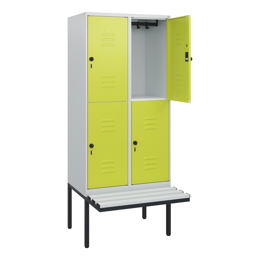 Produktabbildung: C+P Doppelstock-Spind Classic PLUS, 2 Abteile, HxBxT 1.950 x 800 x 815 mm, für Vorhängeschloss, auskragende Bank aus Kunststoff, lichtgrau, clowngrün