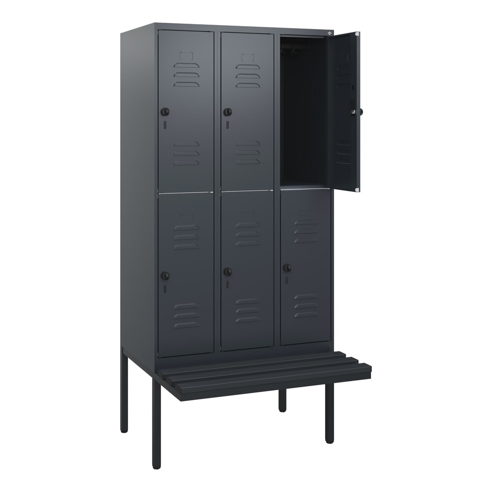 Produktabbildung: C+P Doppelstock-Spind Classic PLUS, 3 Abteile, HxBxT 1.950 x 900 x 815 mm, für Vorhängeschloss, auskragende Bank aus Kunststoff, anthrazitgrau, anthrazitgrau