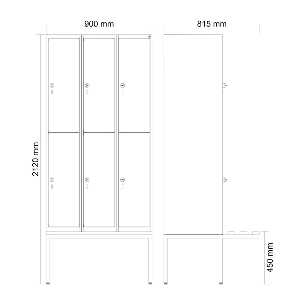 Produktabbildung Nr. 8: C+P Doppelstock-Spind Classic PLUS, 3 Abteile, HxBxT 2.120 x 900 x 815 mm, für Vorhängeschloss, auskragende Bank aus Buche, anthrazitgrau, lichtgrau