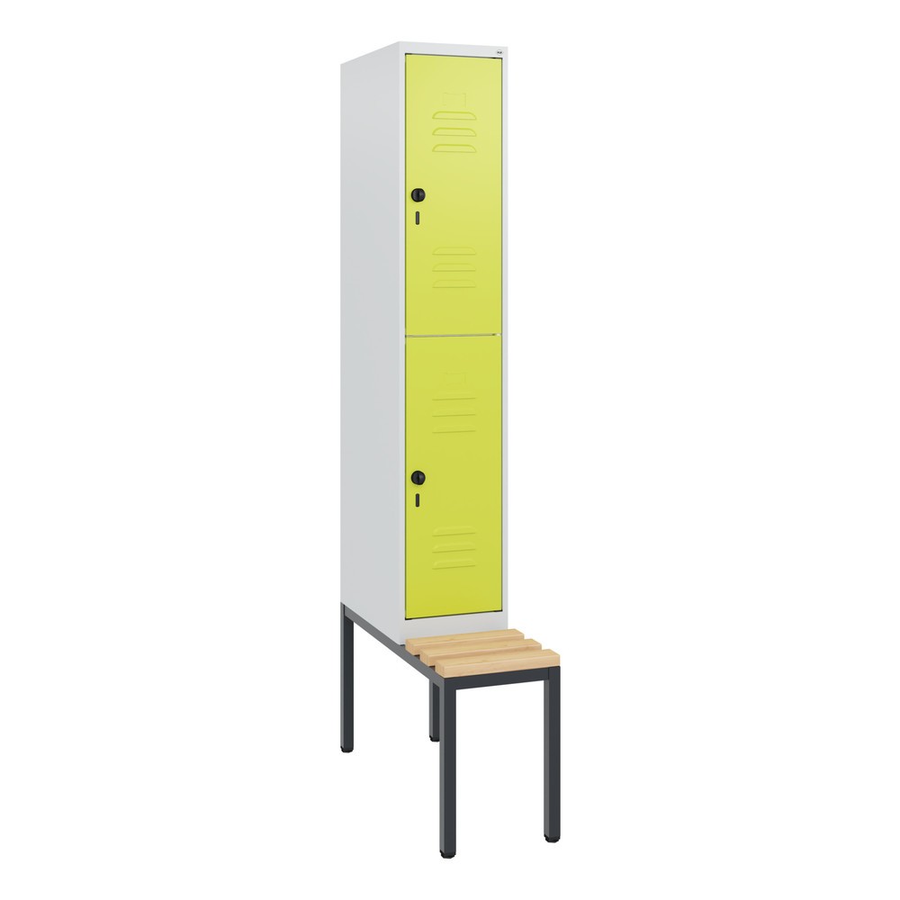 Produktabbildung: C+P Doppelstock-Spind Classic PLUS, 1 Abteil, HxBxT 1.950 x 300 x 815 mm, für Vorhängeschloss, untergebaute Bank aus Buche, lichtgrau, clowngrün