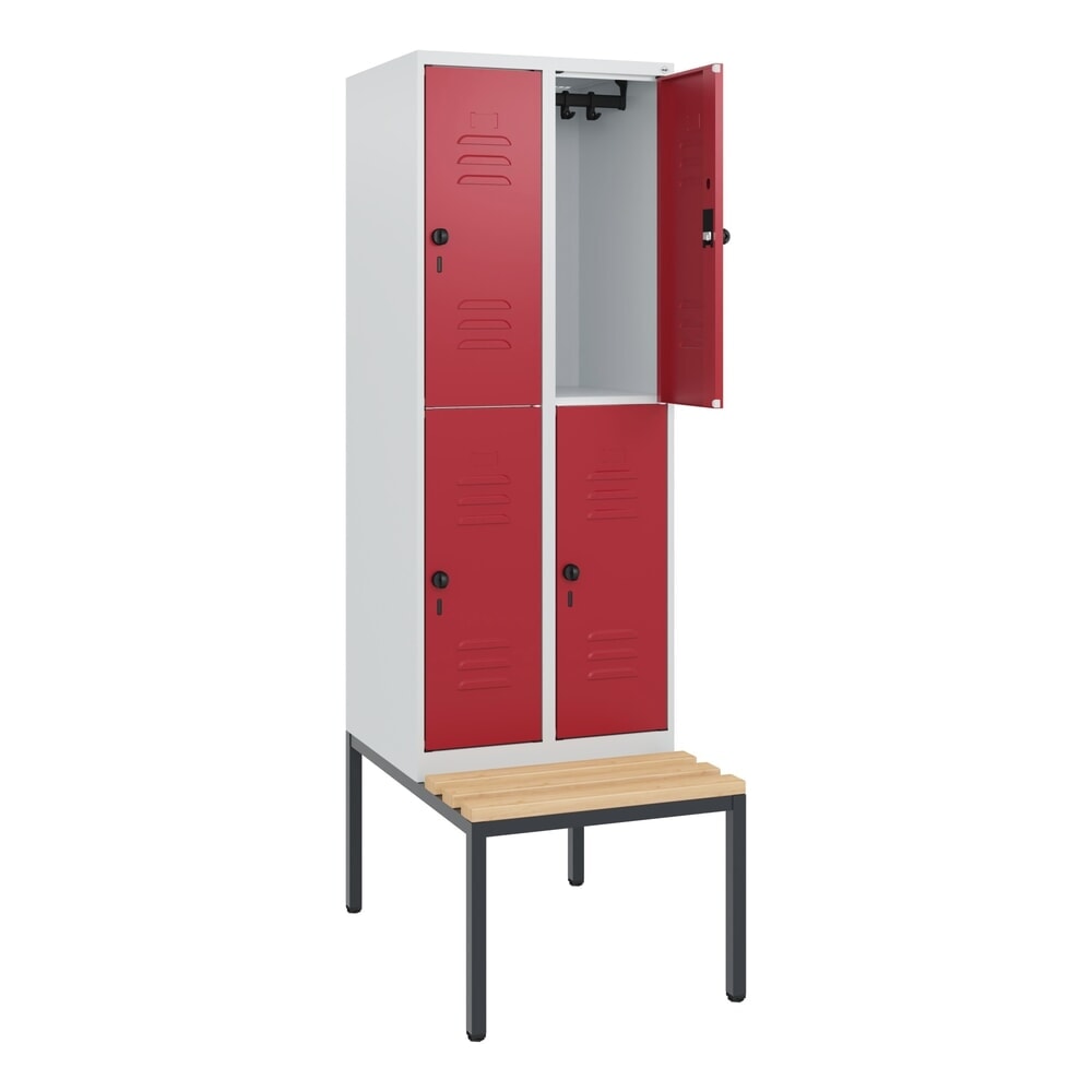Produktabbildung: C+P Doppelstock-Spind Classic PLUS, 2 Abteile, HxBxT 1.950 x 600 x 815 mm, für Vorhängeschloss, untergebaute Bank aus Buche, lichtgrau, rubinrot