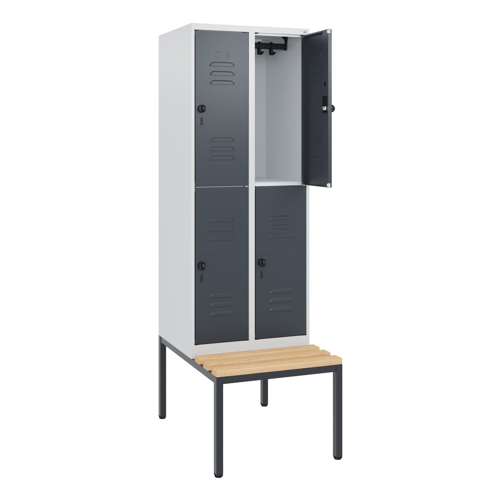 Produktabbildung: C+P Doppelstock-Spind Classic PLUS, 2 Abteile, HxBxT 1.950 x 600 x 815 mm, für Vorhängeschloss, untergebaute Bank aus Buche, lichtgrau, anthrazitgrau