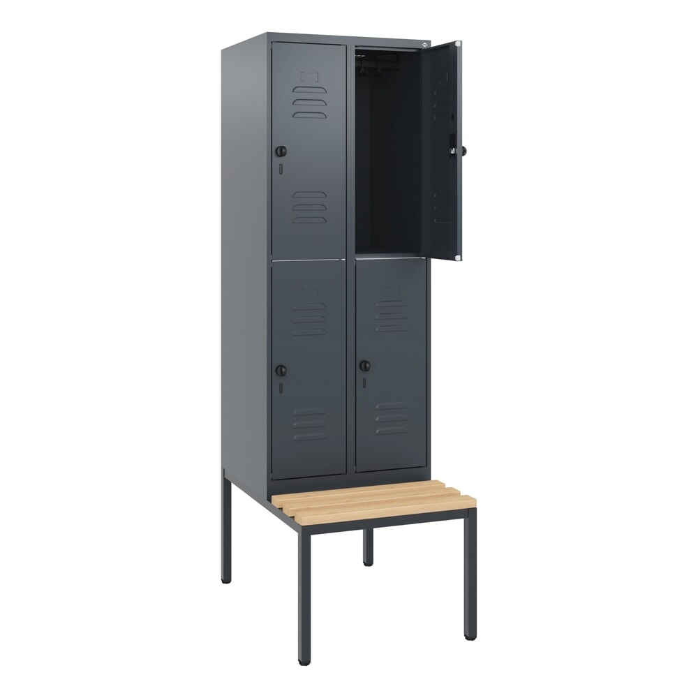 Produktabbildung: C+P Doppelstock-Spind Classic PLUS, 2 Abteile, HxBxT 1.950 x 600 x 815 mm, für Vorhängeschloss, untergebaute Bank aus Buche, anthrazitgrau, anthrazitgrau