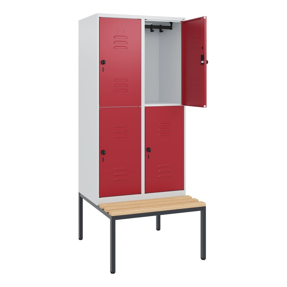 Produktabbildung: C+P Doppelstock-Spind Classic PLUS, 2 Abteile, HxBxT 1.950 x 800 x 815 mm, für Vorhängeschloss, untergebaute Bank aus Buche, lichtgrau, rubinrot