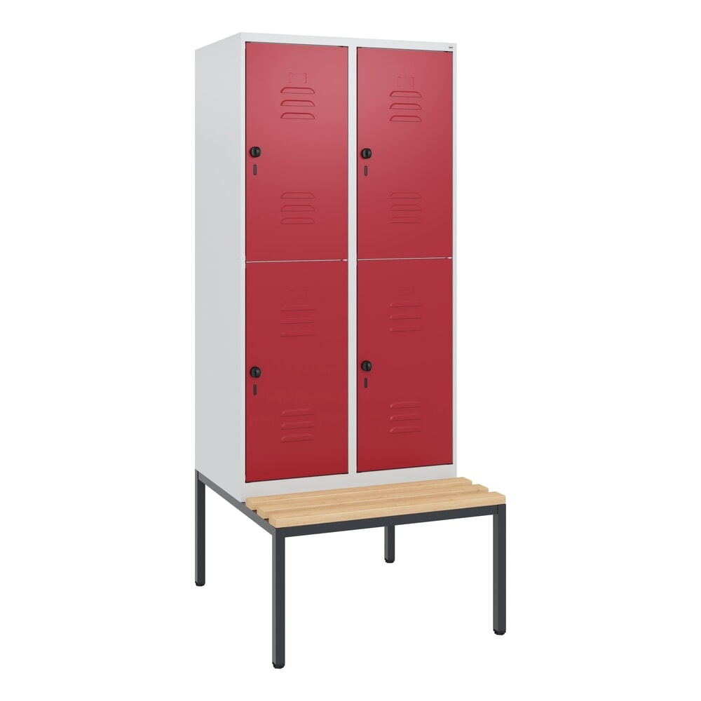 Produktabbildung Nr. 9: C+P Doppelstock-Spind Classic PLUS, 2 Abteile, HxBxT 1.950 x 800 x 815 mm, für Vorhängeschloss, untergebaute Bank aus Buche, lichtgrau, rubinrot