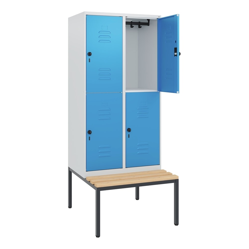 Produktabbildung: C+P Doppelstock-Spind Classic PLUS, 2 Abteile, HxBxT 1.950 x 800 x 815 mm, für Vorhängeschloss, untergebaute Bank aus Buche, lichtgrau, lichtblau