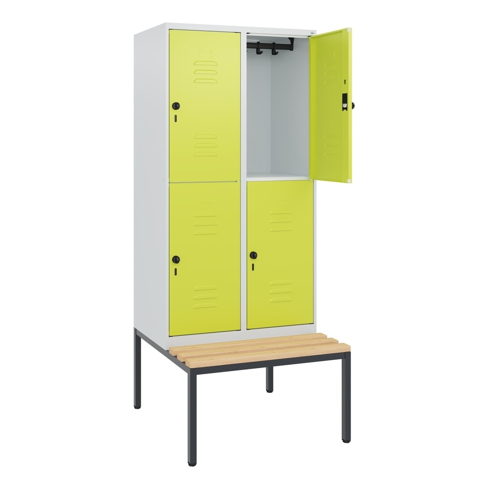 Produktabbildung: C+P Doppelstock-Spind Classic PLUS, 2 Abteile, HxBxT 1.950 x 800 x 815 mm, für Vorhängeschloss, untergebaute Bank aus Buche, lichtgrau, clowngrün