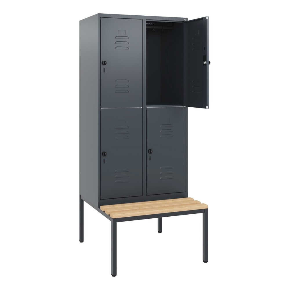 Produktabbildung: C+P Doppelstock-Spind Classic PLUS, 2 Abteile, HxBxT 1.950 x 800 x 815 mm, für Vorhängeschloss, untergebaute Bank aus Buche, anthrazitgrau, anthrazitgrau