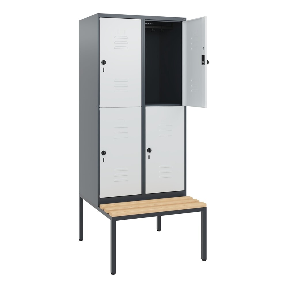 Produktabbildung: C+P Doppelstock-Spind Classic PLUS, 2 Abteile, HxBxT 1.950 x 800 x 815 mm, für Vorhängeschloss, untergebaute Bank aus Buche, anthrazitgrau, lichtgrau