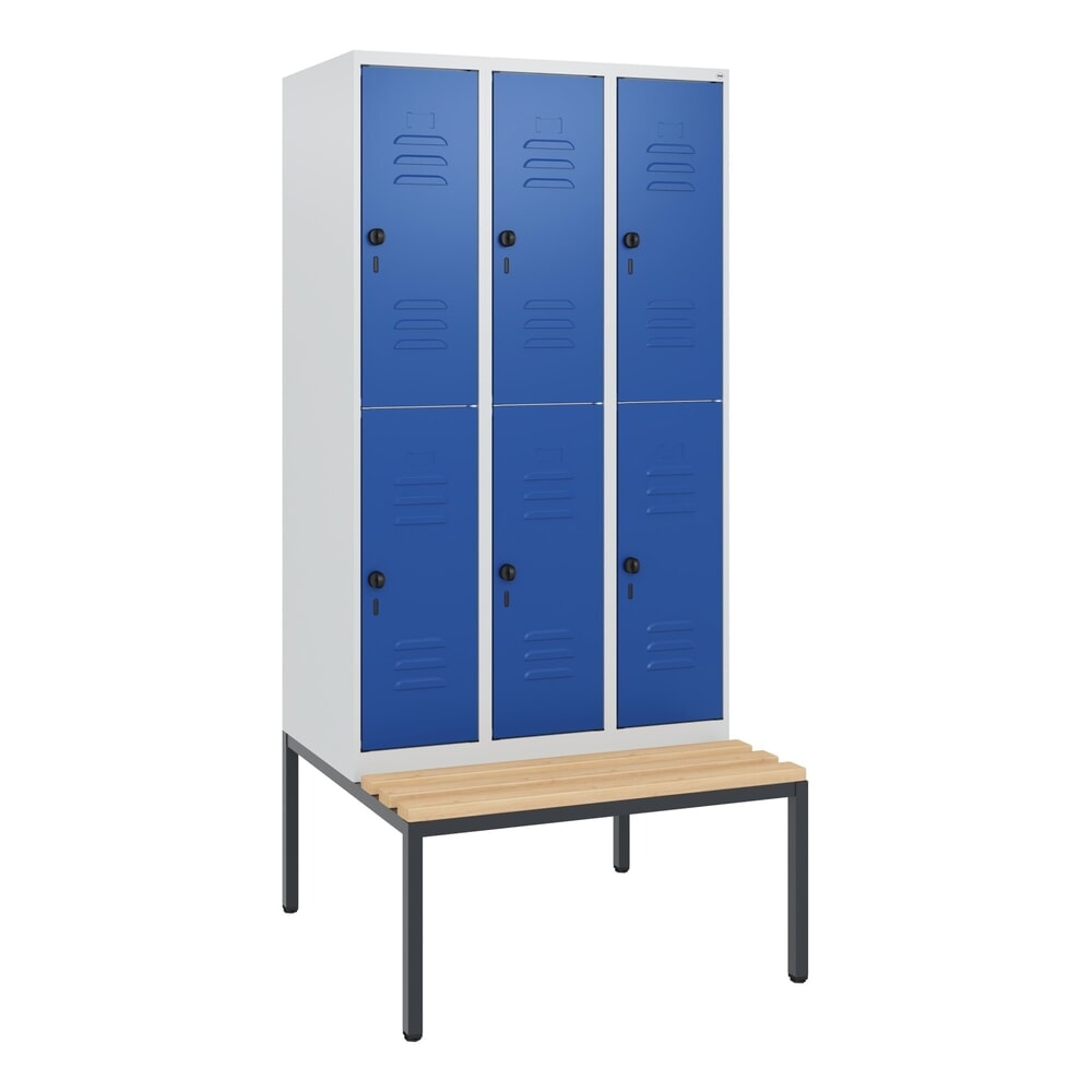 Produktabbildung Nr. 9: C+P Doppelstock-Spind Classic PLUS, 3 Abteile, HxBxT 1.950 x 900 x 815 mm, für Vorhängeschloss, untergebaute Bank aus Buche, lichtgrau, enzianblau