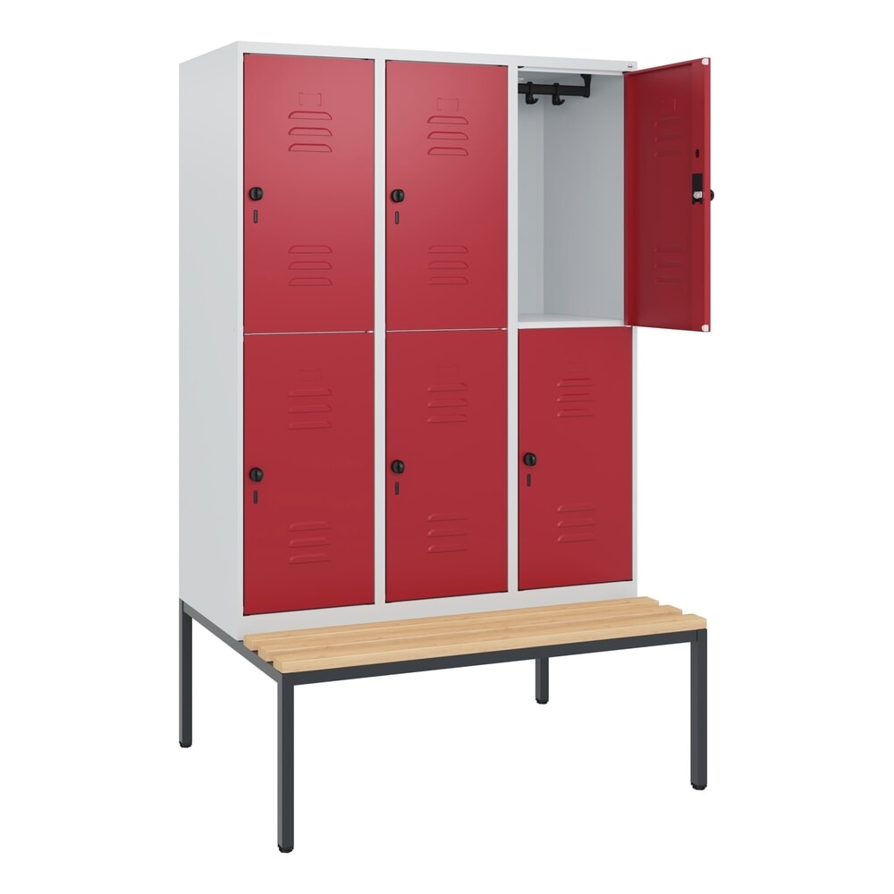 Produktabbildung: C+P Doppelstock-Spind Classic PLUS, 3 Abteile, HxBxT 1.950 x 1.200 x 815 mm, für Vorhängeschloss, untergebaute Bank aus Buche, lichtgrau, rubinrot