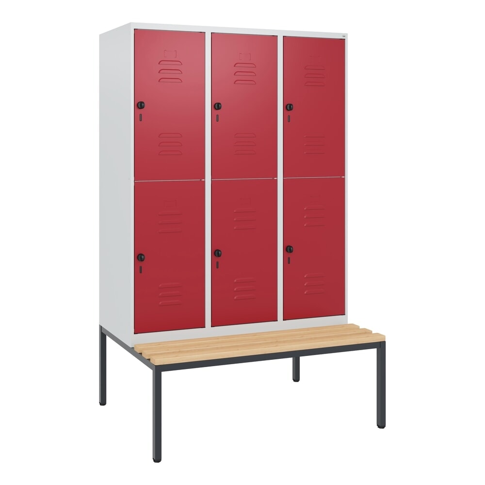 Produktabbildung Nr. 8: C+P Doppelstock-Spind Classic PLUS, 3 Abteile, HxBxT 1.950 x 1.200 x 815 mm, für Vorhängeschloss, untergebaute Bank aus Buche, lichtgrau, rubinrot