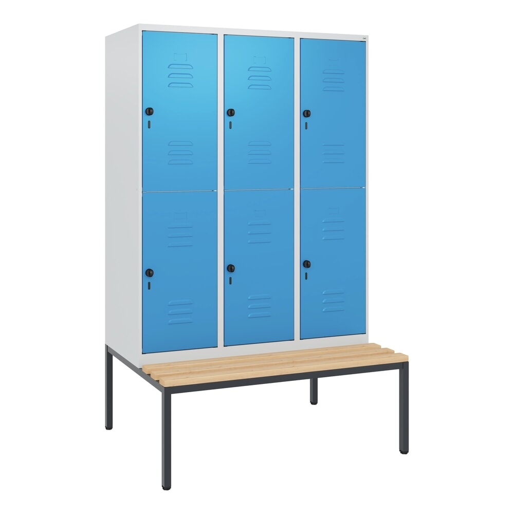 Produktabbildung Nr. 9: C+P Doppelstock-Spind Classic PLUS, 3 Abteile, HxBxT 1.950 x 1.200 x 815 mm, für Vorhängeschloss, untergebaute Bank aus Buche, lichtgrau, lichtblau