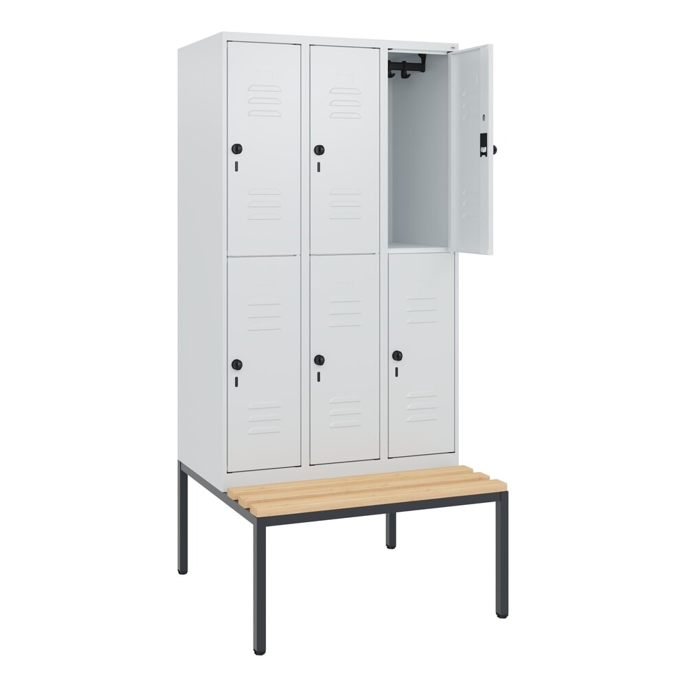 Produktabbildung: C+P Doppelstock-Spind Classic PLUS, 3 Abteile, HxBxT 1.950 x 900 x 815 mm, für Vorhängeschloss, untergebaute Bank aus Buche, lichtgrau, lichtgrau