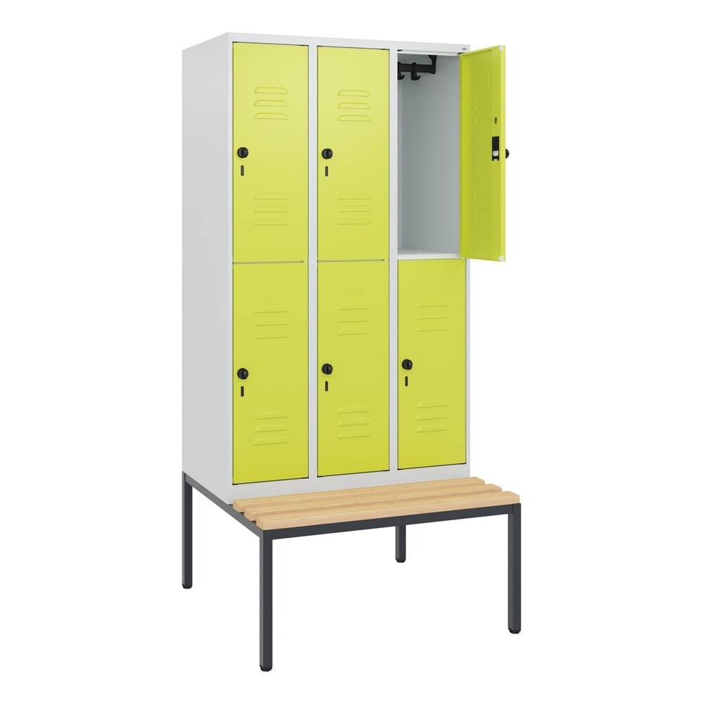 Produktabbildung: C+P Doppelstock-Spind Classic PLUS, 3 Abteile, HxBxT 1.950 x 900 x 815 mm, für Vorhängeschloss, untergebaute Bank aus Buche, lichtgrau, clowngrün