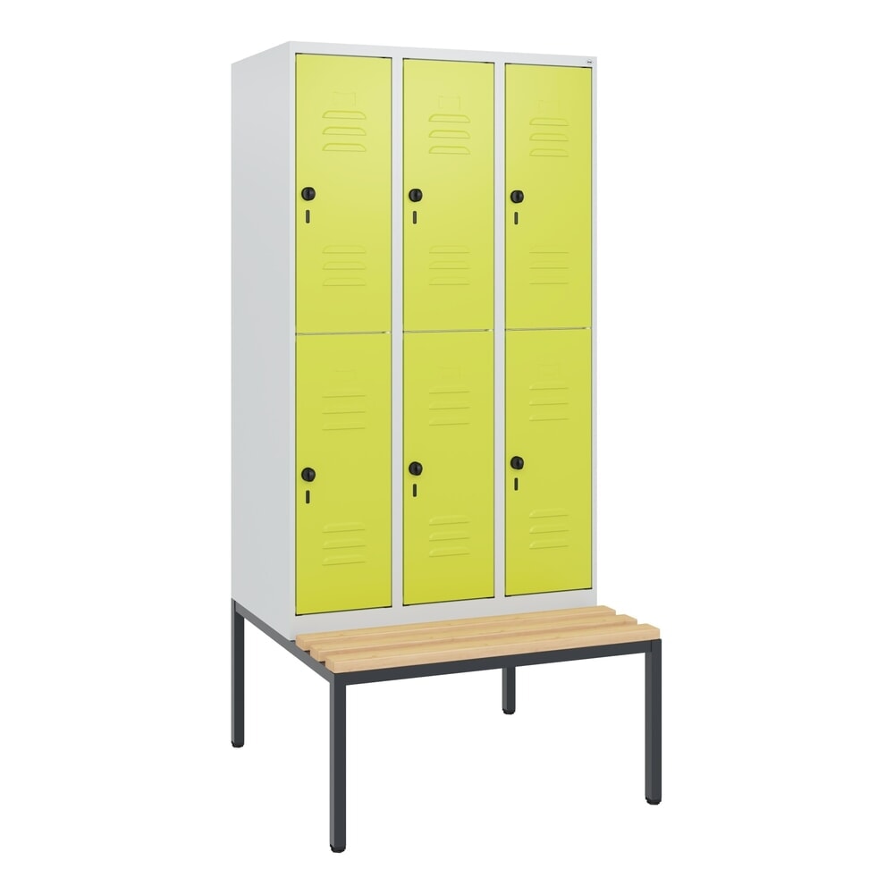 Produktabbildung Nr. 9: C+P Doppelstock-Spind Classic PLUS, 3 Abteile, HxBxT 1.950 x 900 x 815 mm, für Vorhängeschloss, untergebaute Bank aus Buche, lichtgrau, clowngrün