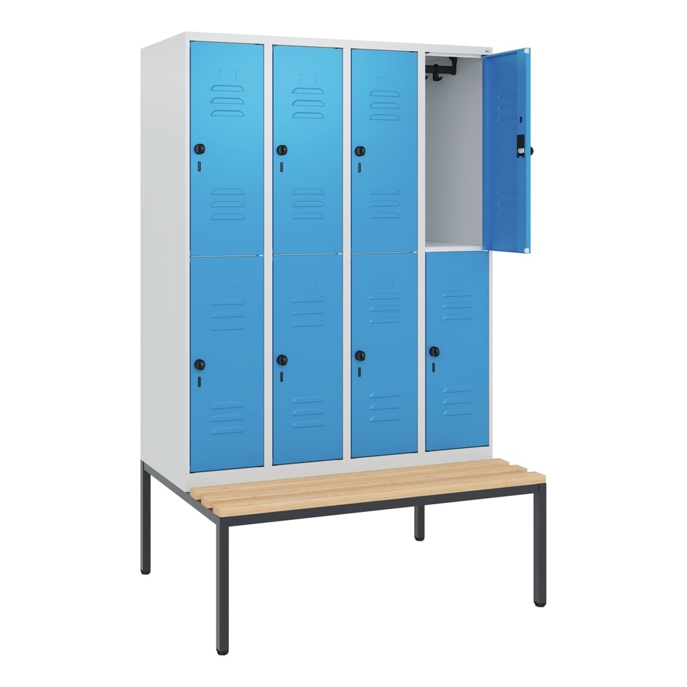 Produktabbildung: C+P Doppelstock-Spind Classic PLUS, 4 Abteile, HxBxT 1.950 x 1.200 x 815 mm, für Vorhängeschloss, untergebaute Bank aus Buche, lichtgrau, lichtblau
