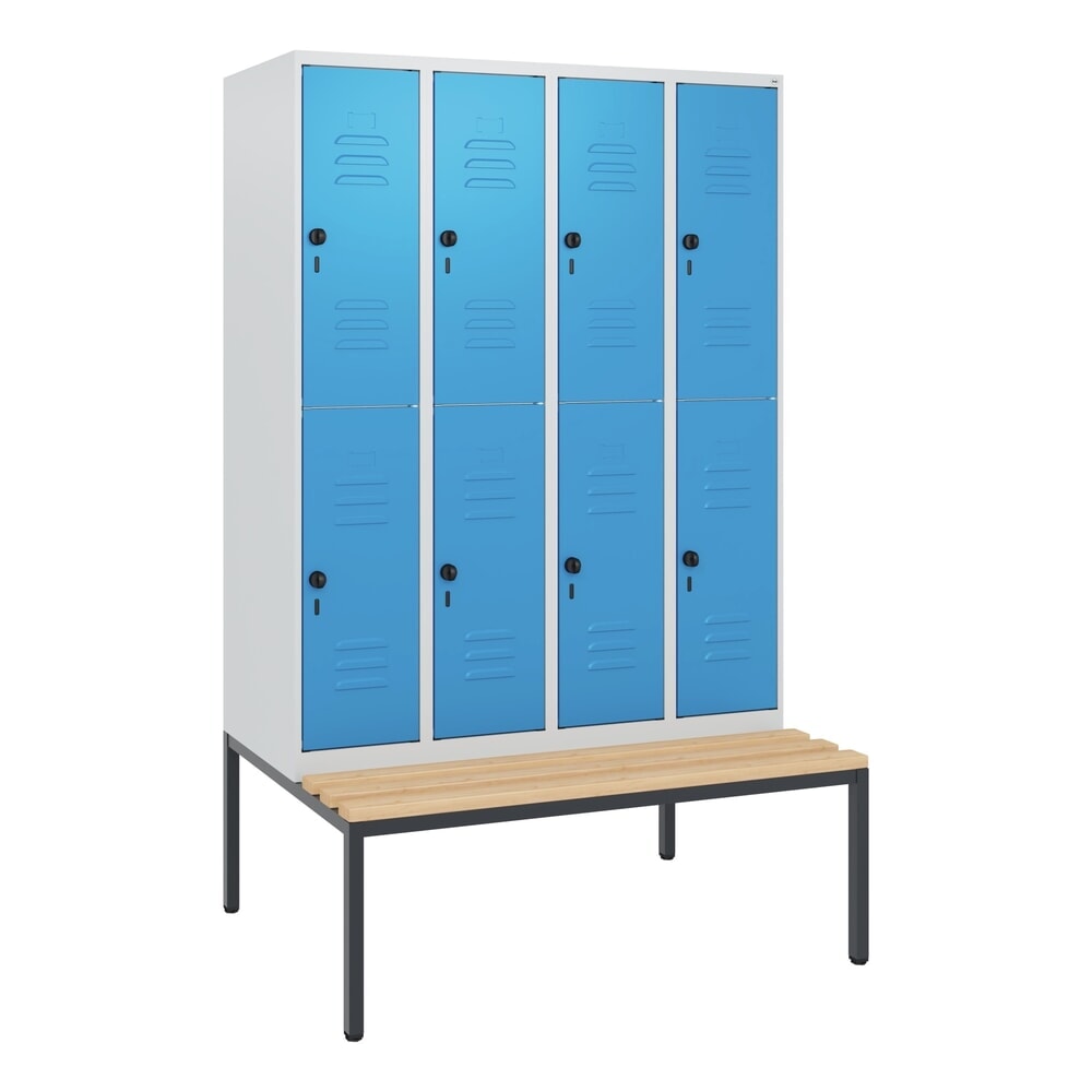 Produktabbildung Nr. 9: C+P Doppelstock-Spind Classic PLUS, 4 Abteile, HxBxT 1.950 x 1.200 x 815 mm, für Vorhängeschloss, untergebaute Bank aus Buche, lichtgrau, lichtblau