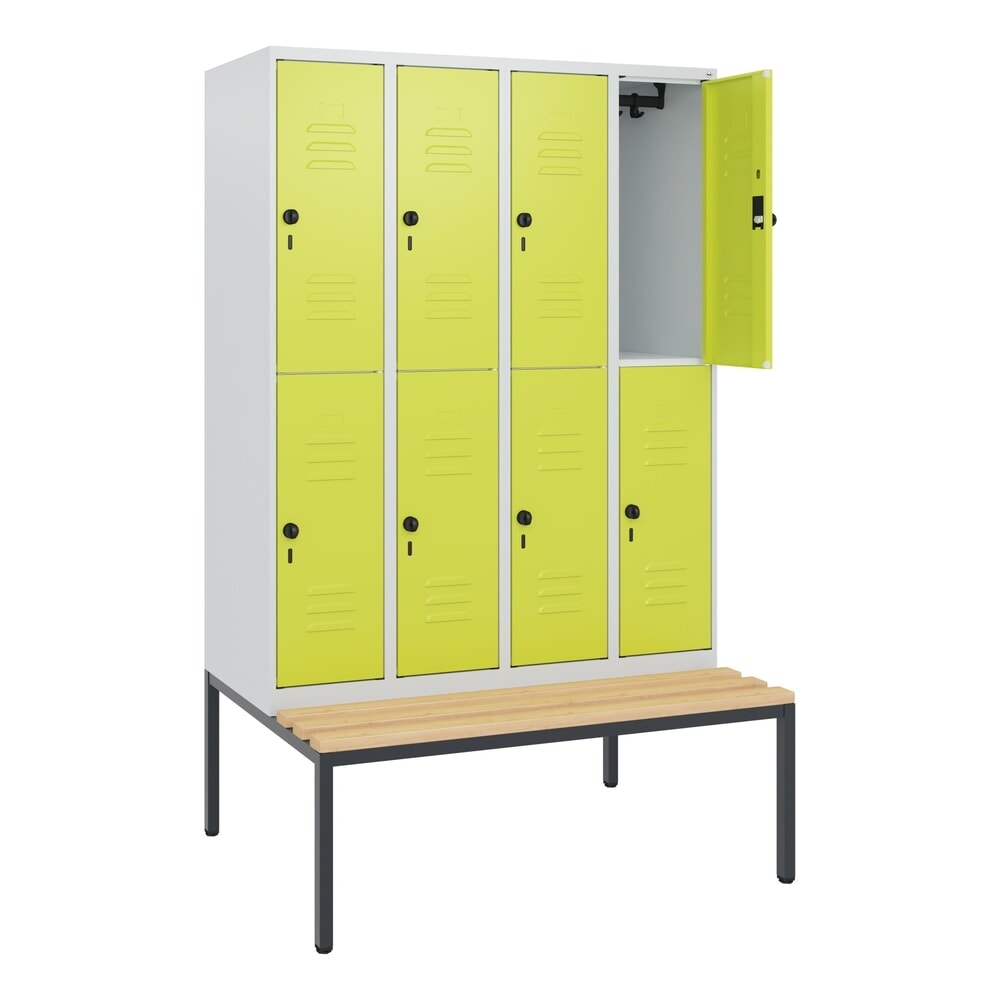 Produktabbildung: C+P Doppelstock-Spind Classic PLUS, 4 Abteile, HxBxT 1.950 x 1.200 x 815 mm, für Vorhängeschloss, untergebaute Bank aus Buche, lichtgrau, clowngrün