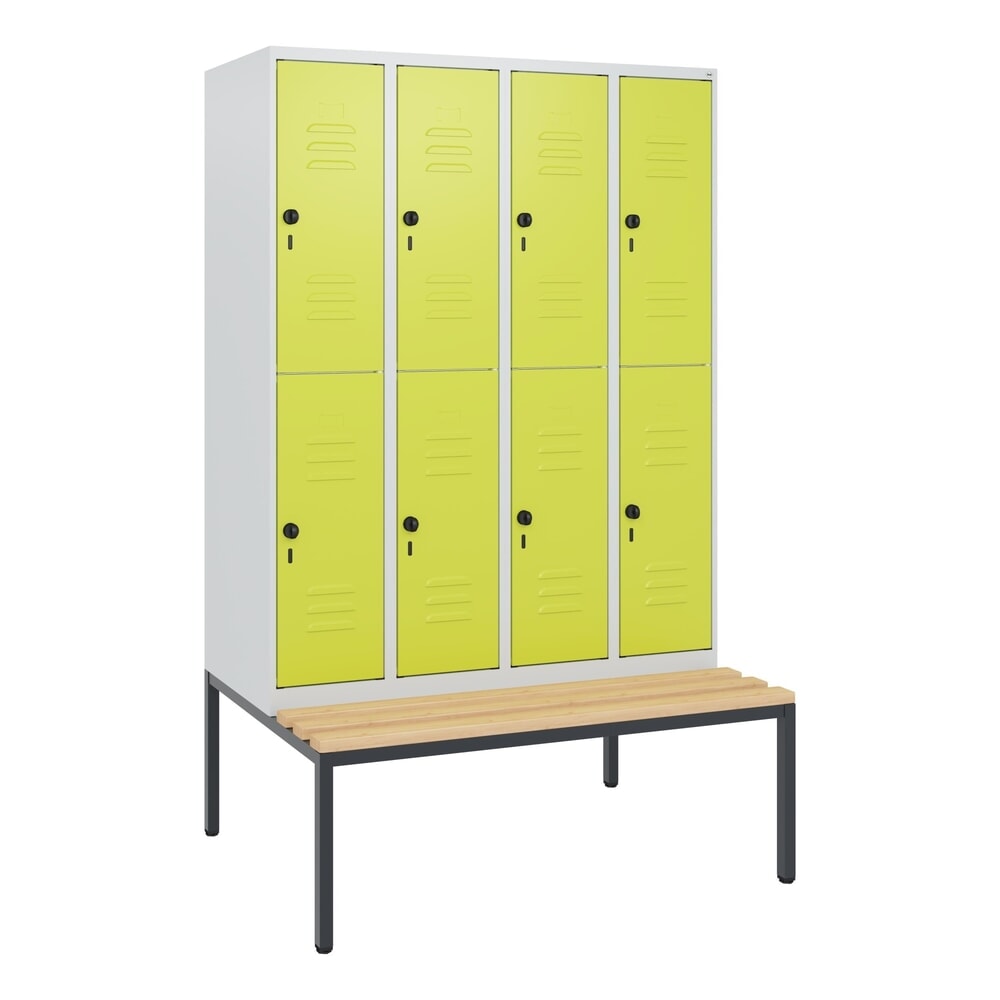 Produktabbildung Nr. 9: C+P Doppelstock-Spind Classic PLUS, 4 Abteile, HxBxT 1.950 x 1.200 x 815 mm, für Vorhängeschloss, untergebaute Bank aus Buche, lichtgrau, clowngrün