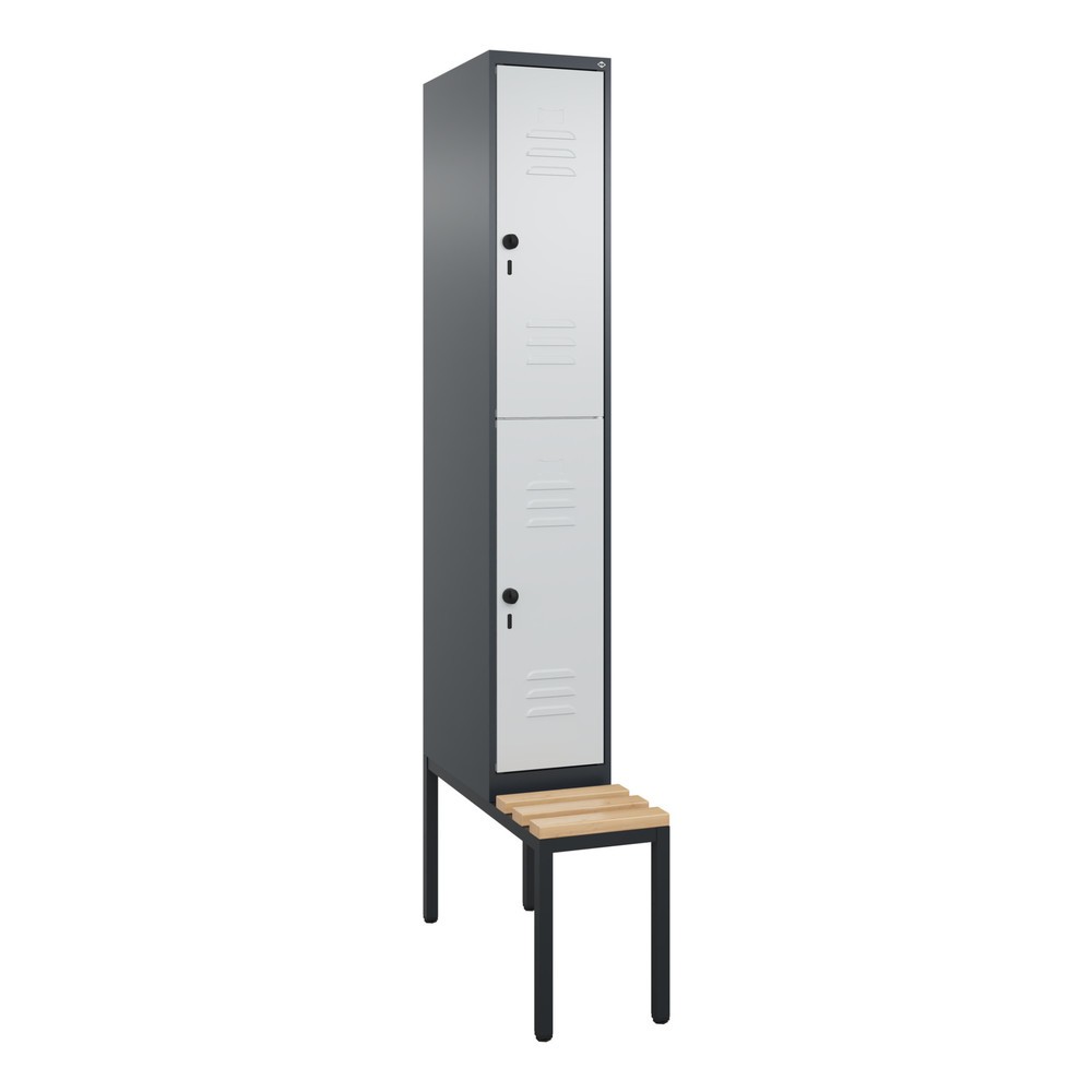 Produktabbildung: C+P Doppelstock-Spind Classic PLUS, 1 Abteil, HxBxT 2.120 x 300 x 815 mm, für Vorhängeschloss, untergebaute Bank aus Buche, anthrazitgrau, lichtgrau