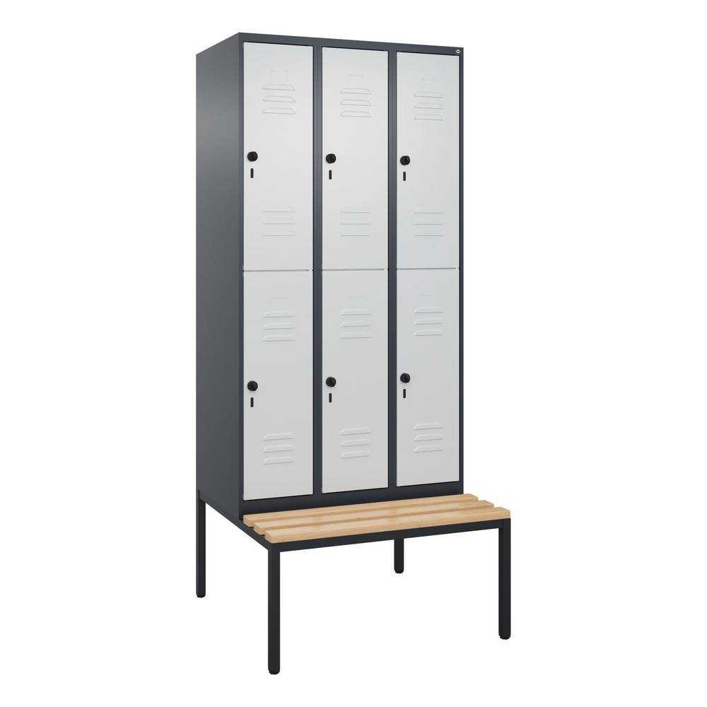 Produktabbildung: C+P Doppelstock-Spind Classic PLUS, 3 Abteile, HxBxT 2.120 x 900 x 815 mm, für Vorhängeschloss, untergebaute Bank aus Buche, anthrazitgrau, lichtgrau