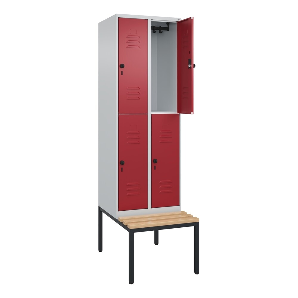 Illustration du produit: C+P Doppelstock-Spind Classic PLUS, 2 Abteile, HxBxT 2.120 x 600 x 815 mm, für Vorhängeschloss, untergebaute Bank aus Buche, lichtgrau, rubinrot