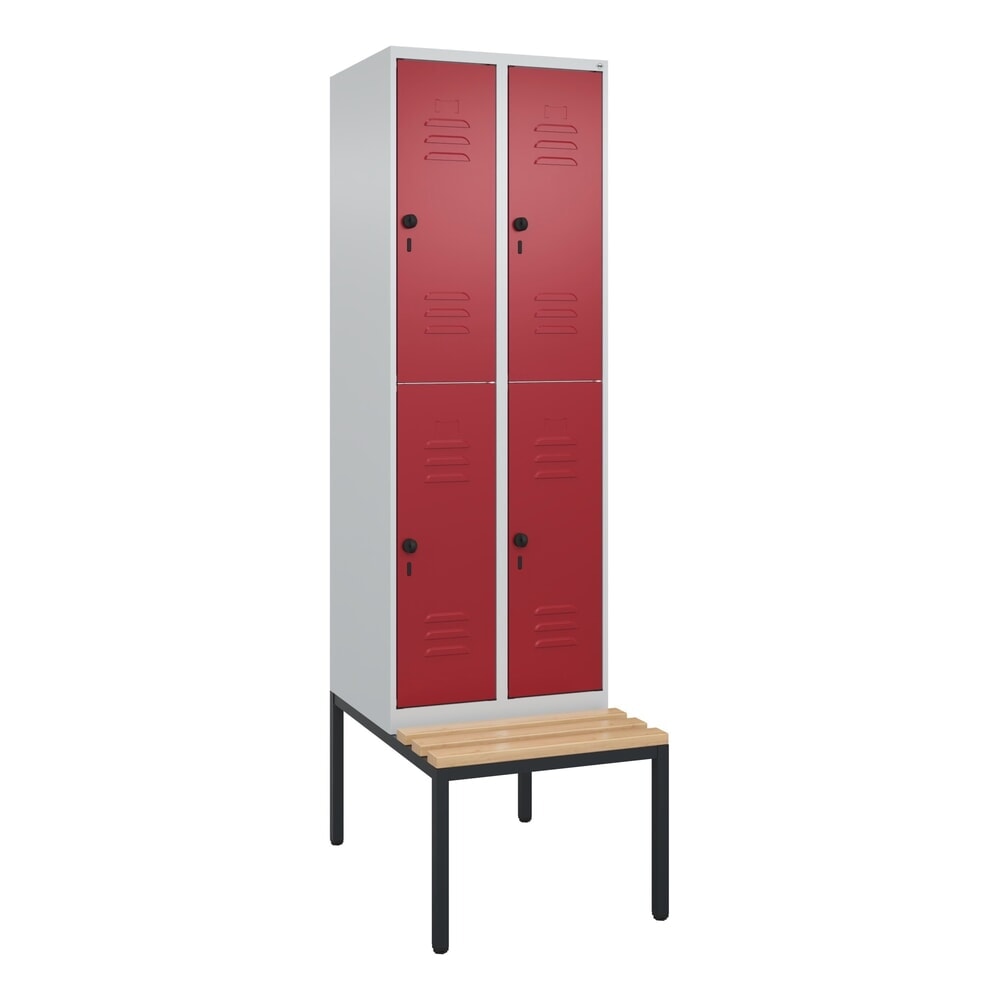 N° de l'image du produit 8 : C+P Doppelstock-Spind Classic PLUS, 2 Abteile, HxBxT 2.120 x 600 x 815 mm, für Vorhängeschloss, untergebaute Bank aus Buche, lichtgrau, rubinrot