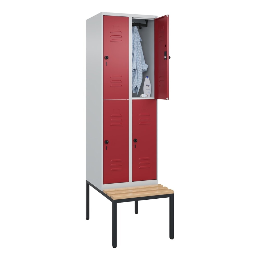 N° de l'image du produit 9 : C+P Doppelstock-Spind Classic PLUS, 2 Abteile, HxBxT 2.120 x 600 x 815 mm, für Vorhängeschloss, untergebaute Bank aus Buche, lichtgrau, rubinrot