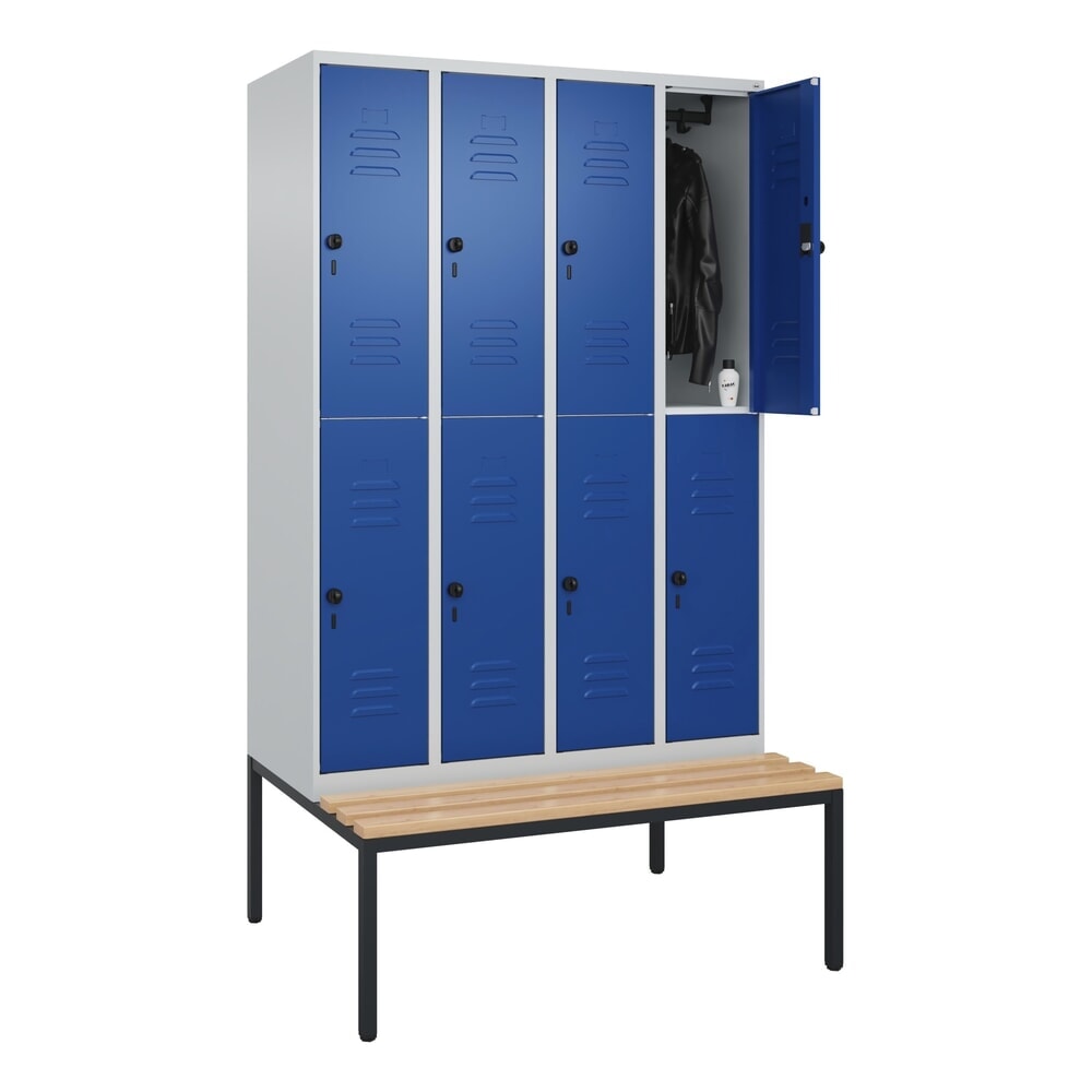 Produktabbildung Nr. 10: C+P Doppelstock-Spind Classic PLUS, 4 Abteile, HxBxT 2.120 x 1.200 x 815 mm, für Vorhängeschloss, untergebaute Bank aus Buche, lichtgrau, enzianblau