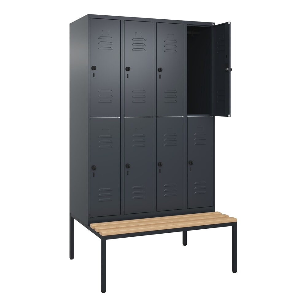 Produktabbildung: C+P Doppelstock-Spind Classic PLUS, 4 Abteile, HxBxT 2.120 x 1.200 x 815 mm, für Vorhängeschloss, untergebaute Bank aus Buche, anthrazitgrau, anthrazitgrau