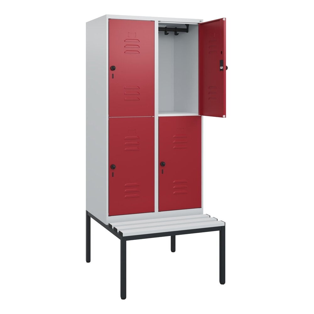 Produktabbildung: C+P Doppelstock-Spind Classic PLUS, 2 Abteile, HxBxT 1.950 x 800 x 815 mm, für Vorhängeschloss, untergebaute Bank aus Kunststoff, lichtgrau, rubinrot