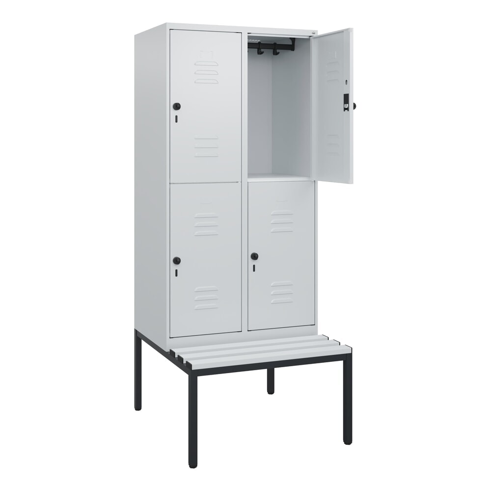 Produktabbildung: C+P Doppelstock-Spind Classic PLUS, 2 Abteile, HxBxT 1.950 x 800 x 815 mm, für Vorhängeschloss, untergebaute Bank aus Kunststoff, lichtgrau, lichtgrau