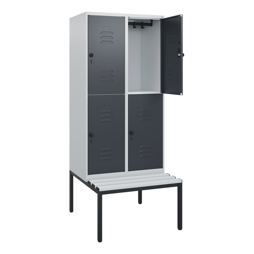 Produktabbildung: C+P Doppelstock-Spind Classic PLUS, 2 Abteile, HxBxT 1.950 x 800 x 815 mm, für Vorhängeschloss, untergebaute Bank aus Kunststoff, lichtgrau, anthrazitgrau